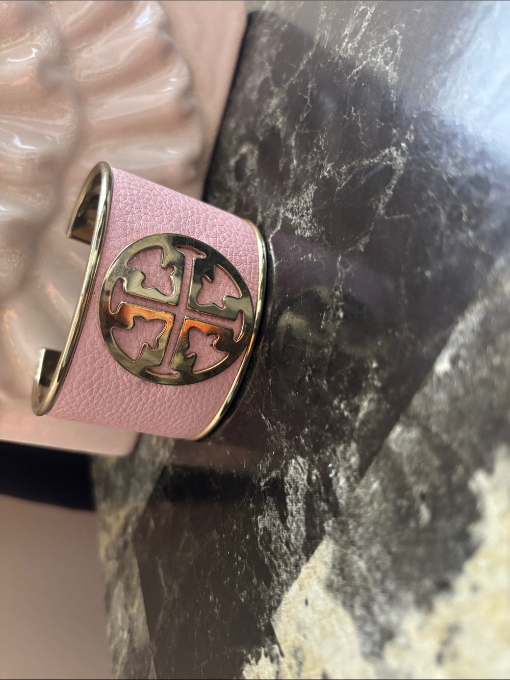 Tory Burch Pink Leather Logo Open Cuff with Gold Emblem